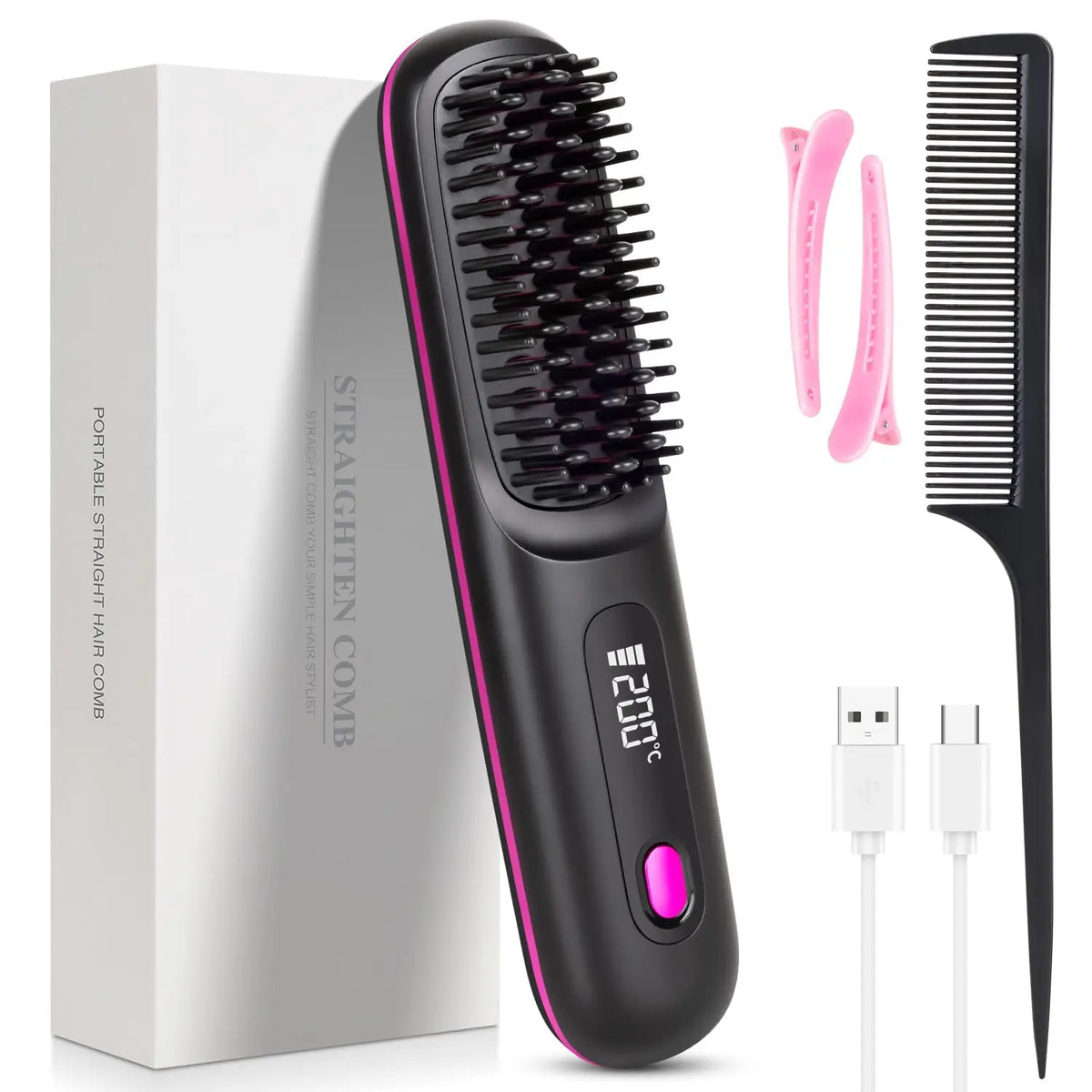 USB Charging Portable Hair Straightener Brush, Cordless Straightening Comb LED Display & Ceramic Coating, Ionic Technology