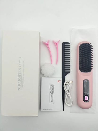 USB Charging Portable Hair Straightener Brush, Cordless Straightening Comb LED Display & Ceramic Coating, Ionic Technology